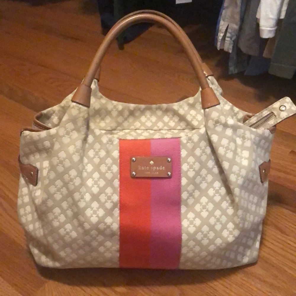 kate spade Beige Canvas Shoulder Bag with Pink and Orange Stripe